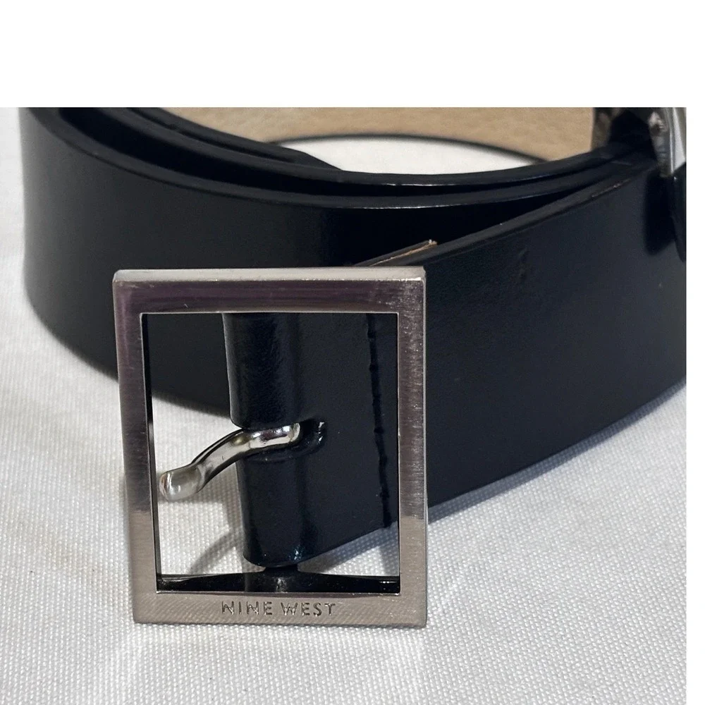 New Nine West Mens Unisex Black Genuine Leather Belt Silver Buckle Large capsule